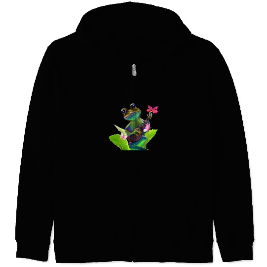 Funny Banjo Frog Playing Banjo in Nature Outdoor Scene with Butterflies Zip Hoodies