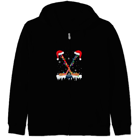 Sport Hockey Santa Hat Christmas Lights Funny Sport Boys xmass PJs Zip Hoodies