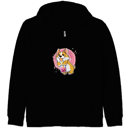 Corgi Pet Boba Milk Tea Corgi Dog Puppy Lover Kawaii Japanese Anime Zip Hoodies