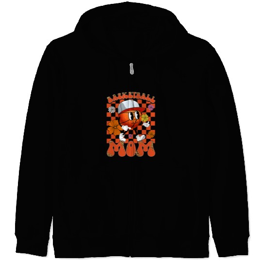 Funny Basketball Retro Groovy Basketball Mom Smile Face Leopard Mothers Day Zip Hoodies