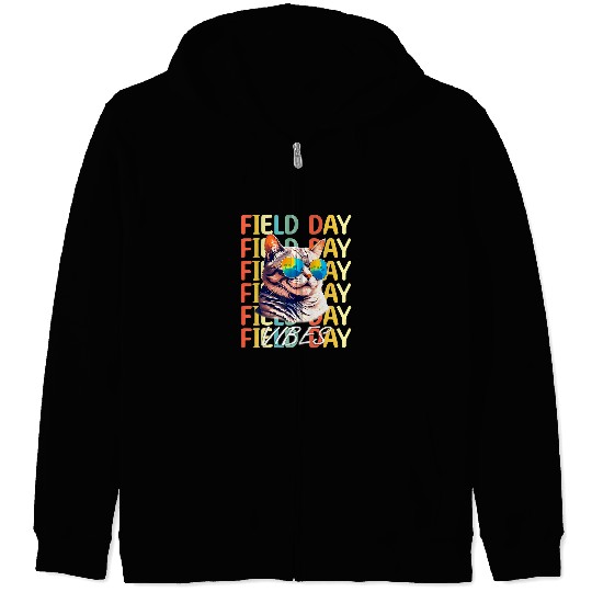 School Field Day Vibes Summer 2024 Retro Cat Teachers Kids Zip Hoodies