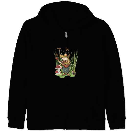Funny Banjo Frog Cottagecore Aesthetic Frog Playing Banjo Mushroom Goblincore Zip Hoodies