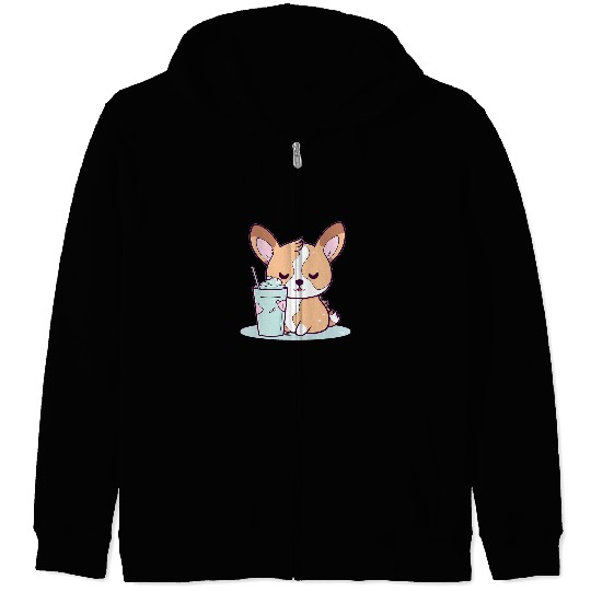 Corgi Pet Boba Milk Tea Corgi Bobas Welsh Dog Puppy Bubble Tea Kawaii 7 Zip Hoodies