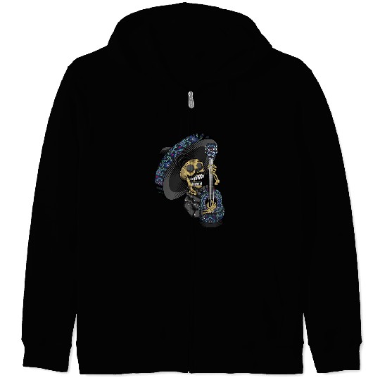 Funny Guitar Sombrero Guitar Huichol Sugar Skull Calavera Mexico Mariachi Skull Zip Hoodies