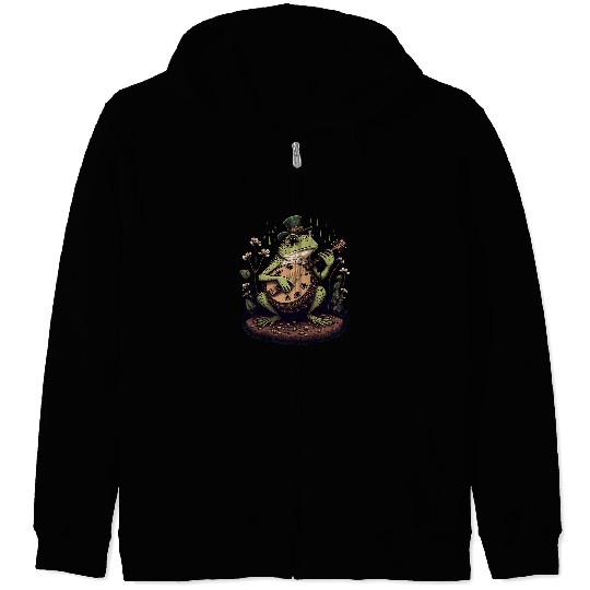 Funny Banjo Frog Cottagecore Aesthetic Frog Playing Banjo on Mushroom 8 Zip Hoodies