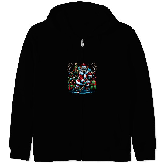 Sport Hockey Santa Devon rexs Cat Playing Hockey Zip Hoodies