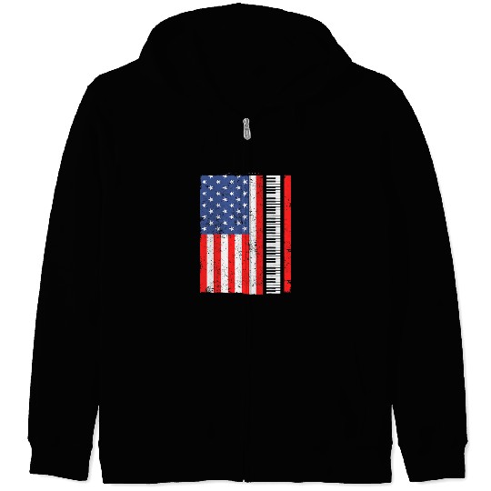 Funny Piano Instrument Pianist Keyboard American Flag 4th Of July Zip Hoodies