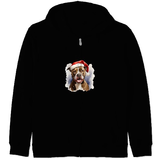 Pitbull Pet Terrier Watercolor Painting Santa Pitbull Christmas Zip Hoodies
