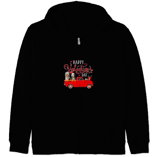Bearded Collie Pet Happy Valentines Day Funny Plaid Red Truck Zip Hoodies