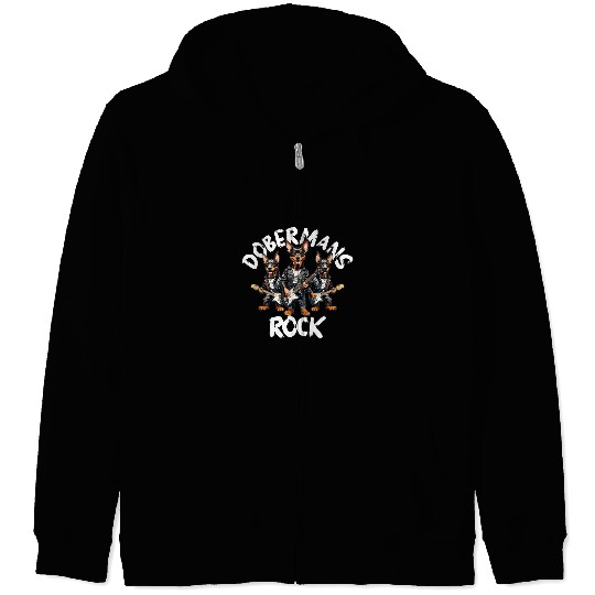 Doberman Pet Pinschers Rock Cool Trio Rocking Playing Guitar Zip Hoodies