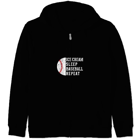 Sport Baseball Ice Cream Sleep Baseball Repeat Retro Funny Baseball Player Zip Hoodies