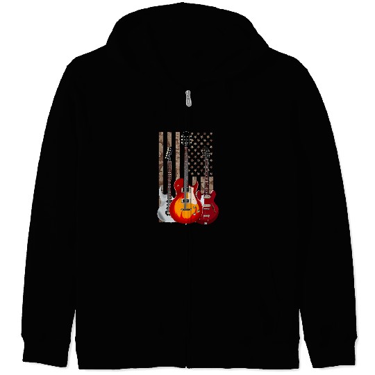 Funny Guitar Musical Instrument Camouflage USA Flag Guitarist Zip Hoodies