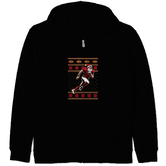 Sport Rugby Santa Running With Rugby Football Christmas Player Ugly Zip Hoodies