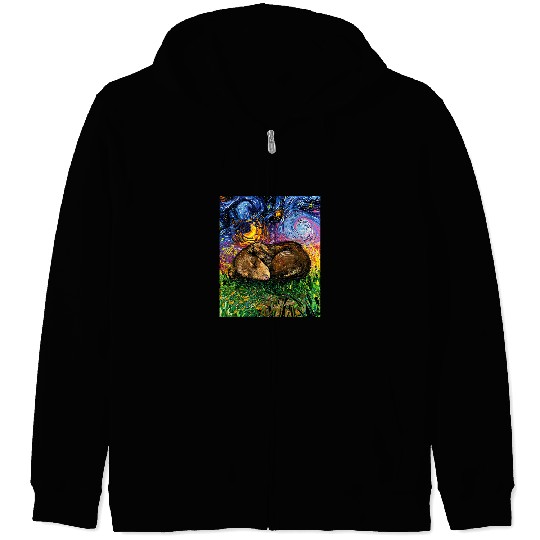 Dachshund Pet Sleeping Brown Dachshund Puppy Starry Night Dog Art by Aja Zip Hoodies