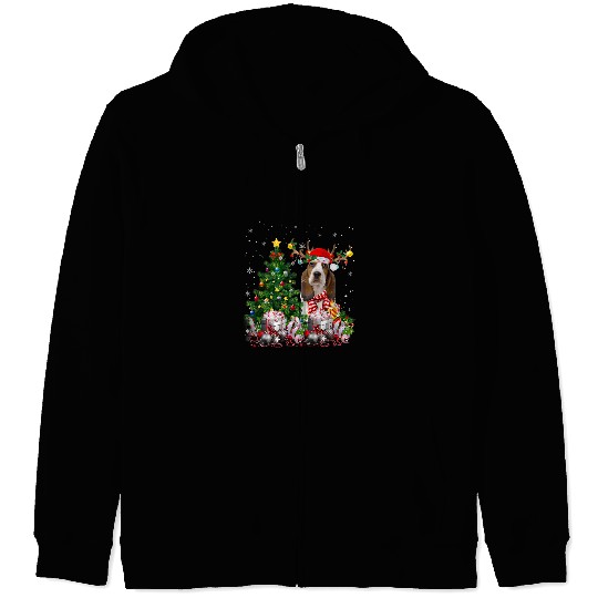 Basset Hound Pet Christmas Tree Lights Santa Pajamas Xmas Zip Hoodies