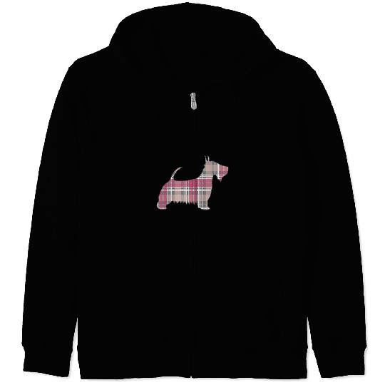 Scottish Terrier Pet Pink White and Grey Tartan Scottish Terrier Dog Silhouette Zip Hoodies