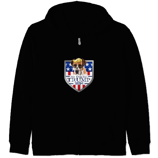 Boxer Pet My Dog For Trump 2024 Boxer w Glasses Zip Hoodies