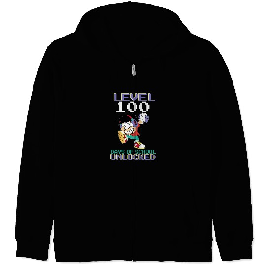 Kids Level 100 days of school unlocked pixel video game Zip Hoodies