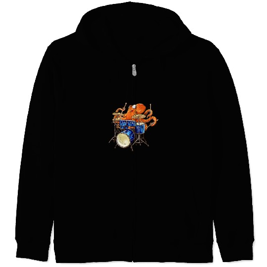 Funny Drummer Octopuss Playing Drums Rock Band Music Cuttlefish Kraken Zip Hoodies