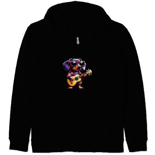 Dachshund Pet Wearing a Hawaiian Playing a Ukulele Zip Hoodies