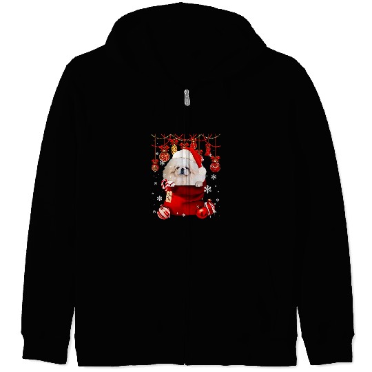 Pekingese Pet Snow Ball Dog in Pocket Bag Winter Christmas Zip Hoodies