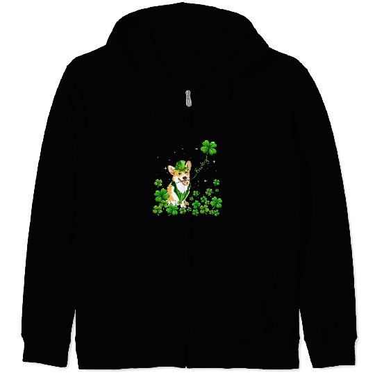 Corgi Pet Dog Irish Green Shamrock Clover St Patricks Zip Hoodies