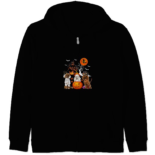 Poodle Pet Three Poodles Halloween Mummy Scary Witch With Pumpkins 42 Zip Hoodies