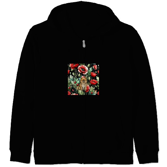 Pomeranian Red Poppy Ladybug vintages Flowers Zip Hoodies