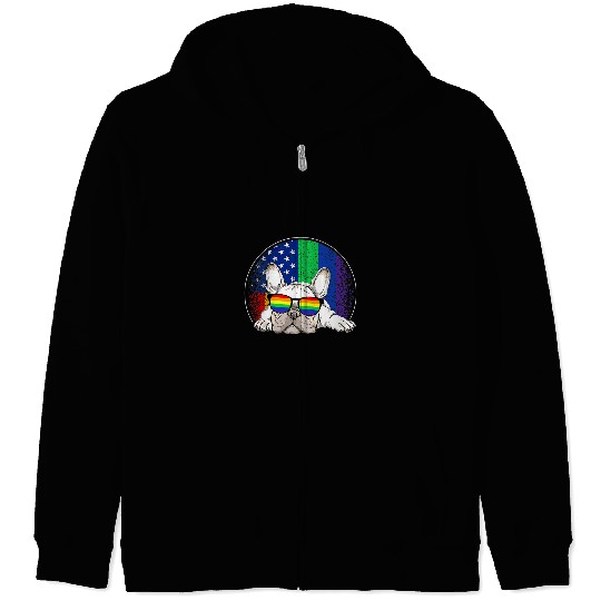 French Bulldog Pet Frenchie Dog Patriotic French Bulldog American Flag LGBTQ Pride Month Zip Hoodies