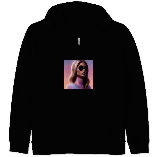 Woman Aviator Pilot Plane Pink Turtleneck Fuzzy Furry Sunset Zip Hoodies
