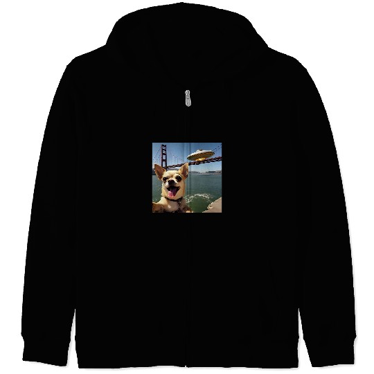 Chihuahua Pet selfie with UFO alien Golden Gate Bridge dog dad Zip Hoodies