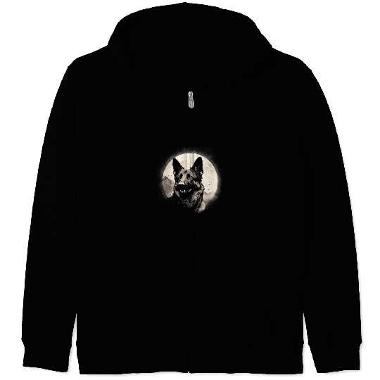 German Shepherd Pet With Full Moon in Background Zip Hoodies