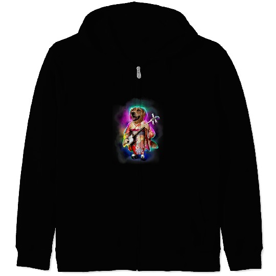 Golden Retriever Pet Dog Play Violin in Galaxy Rainbow Space Zip Hoodies