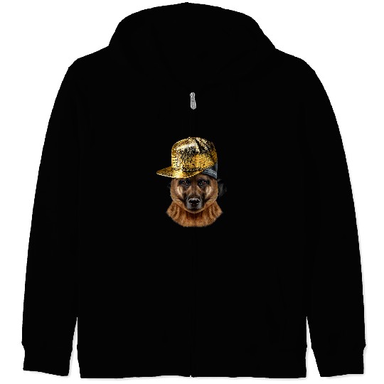 German Shepherd Pet in Hip Hop Rapper Cap Zip Hoodies