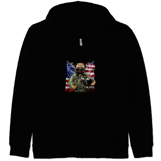 Pug Pet Fighter Jet Pilot with Flag of USA Zip Hoodies