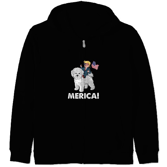 Bichon Pet Frise Trump Merica Riding a Bichon frise Dog 4th July Zip Hoodies