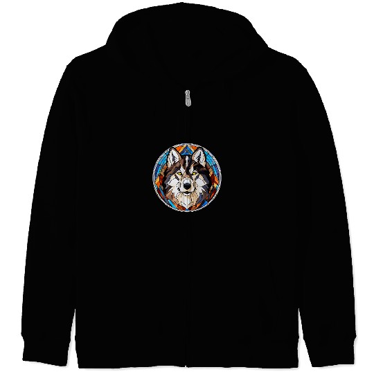 Alaskan Malamute Pet Dog Stained Glass Leadlight Artistic Zip Hoodies