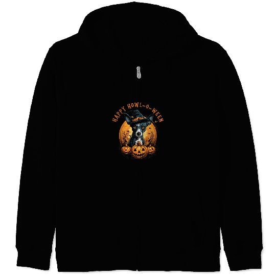 Scary Halloween Rat Terrier Dog Moon Jack O Lantern Pumpkin Zip Hoodies