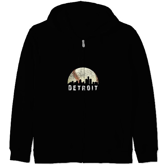Sport Baseball Vintage Detroit Cityscape Baseball Lover Men Women Kids Zip Hoodies