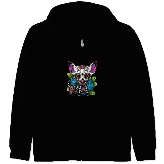 Chihuahua Pet Sugar Skull Mexico Dog Calavera Dia De Los Muertos Zip Hoodies