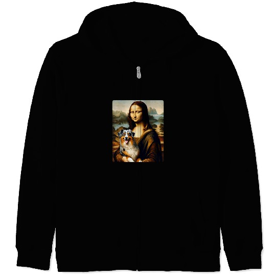 Australian Shepherd Pet Mona Lisa Australian Shepherd Twist Artistic Dog Portrait Zip Hoodies