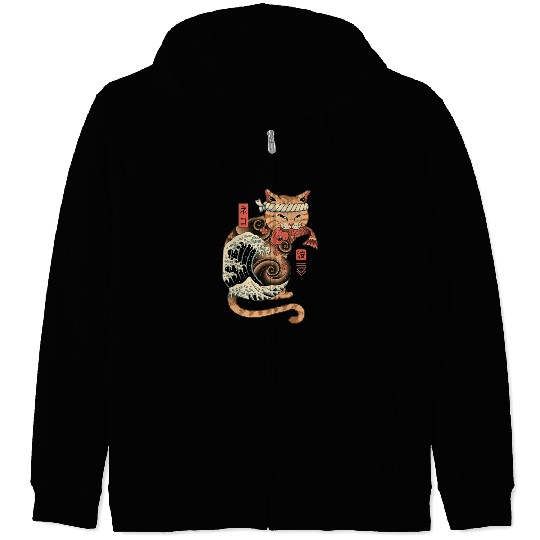 Funny Japanese Catana Wave Eating Koi Fish Zip Hoodies