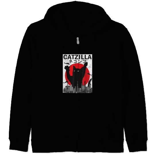 Vintage Catzilla Japanese Sunset Style Zip Hoodies