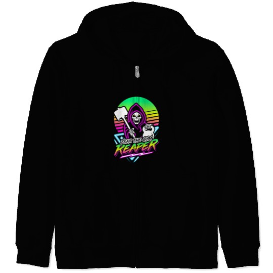 Fear The Gym Reaper Fitness Retro Neon Synthwave Zip Hoodies