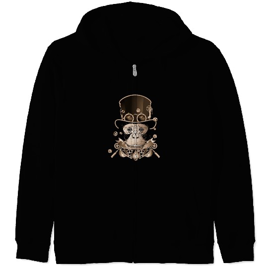 Steampunk monkey with ancient cylinder hat look Zip Hoodies