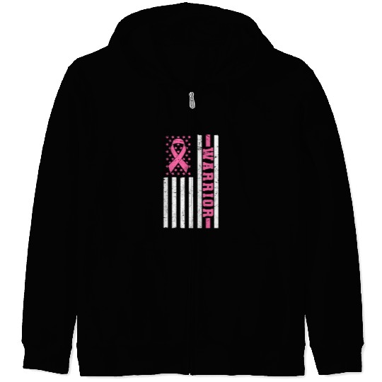 Warrior Pink Ribbon US Flag Breast Cancer Zip Hoodies