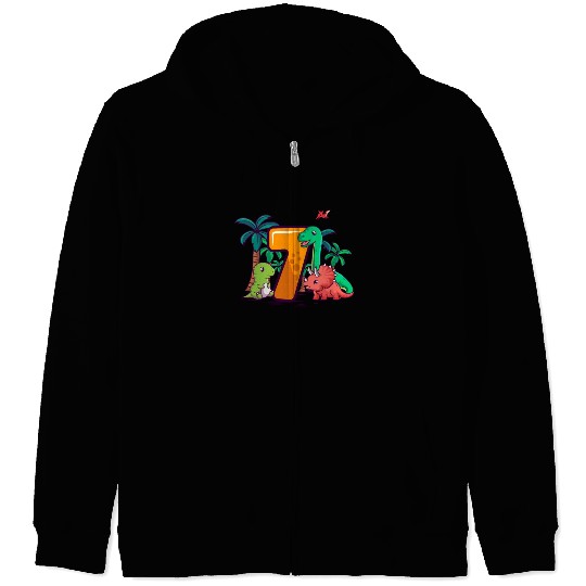 7th Birthday Trex Triceratops Dinosaur 7 Year Zip Hoodies
