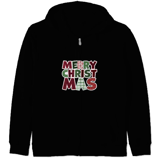 Merry Christmas Motif Plaid Pattern Zip Hoodies
