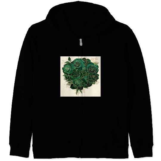 Green and Gold Glam Roses Pattern Zip Hoodies
