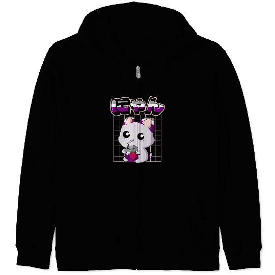 Asexual Pride Kawaii Cat Strawberry Milk Asexual F Zip Hoodies